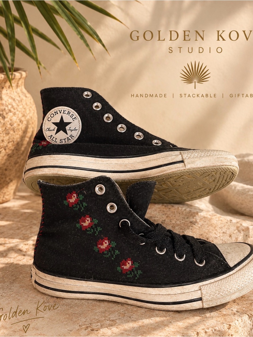 Converse Black High-Top Sneakers with Red & Green Rose Embroidery
